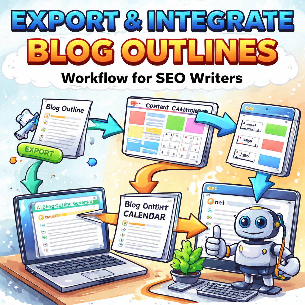 An illustrated workflow diagram showing an automatic blog outline generator exporting a document, feeding into a content calendar tool, and then auto‑creating drafts in a CMS. Alt: Export and integrate blog outline workflow for SEO writers
