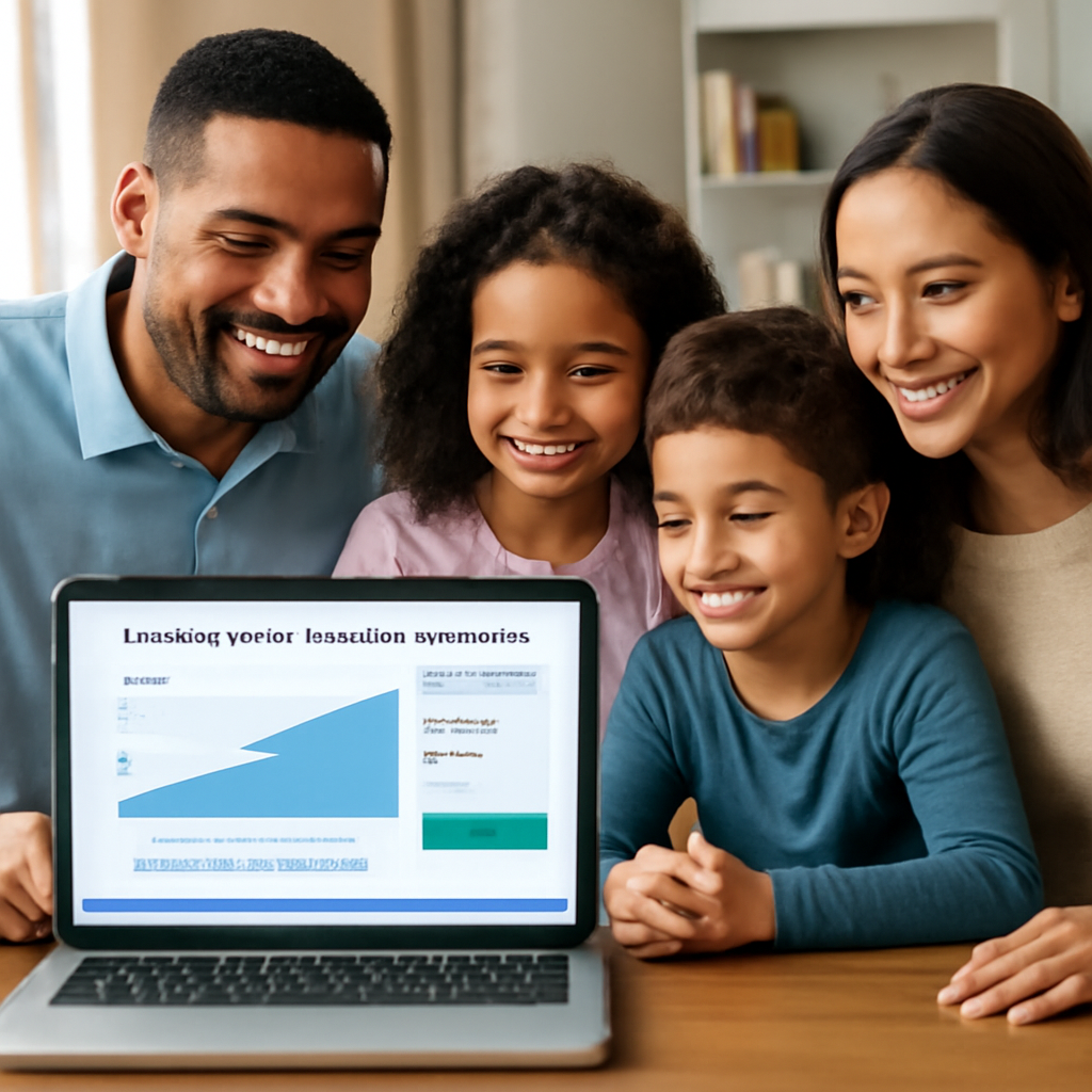 A realistic illustration of a family gathered around a laptop, reviewing an indexed universal life insurance calculator screen showing charts of death benefit, cash value growth, and living benefit options. Alt: Indexed universal life calculator visual guide for families planning financial security