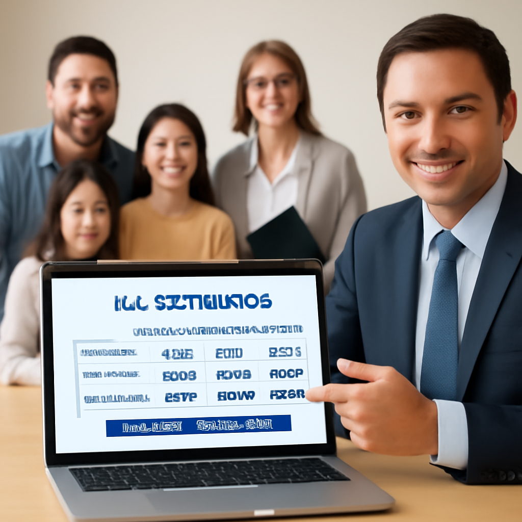 A friendly financial planner pointing at a laptop screen displaying a three‑column comparison table of IUL scenarios, with a family, a teacher, and a small‑business owner in the background. Alt: Sample indexed universal life insurance calculator results table showing premium, cash value, and loan availability.