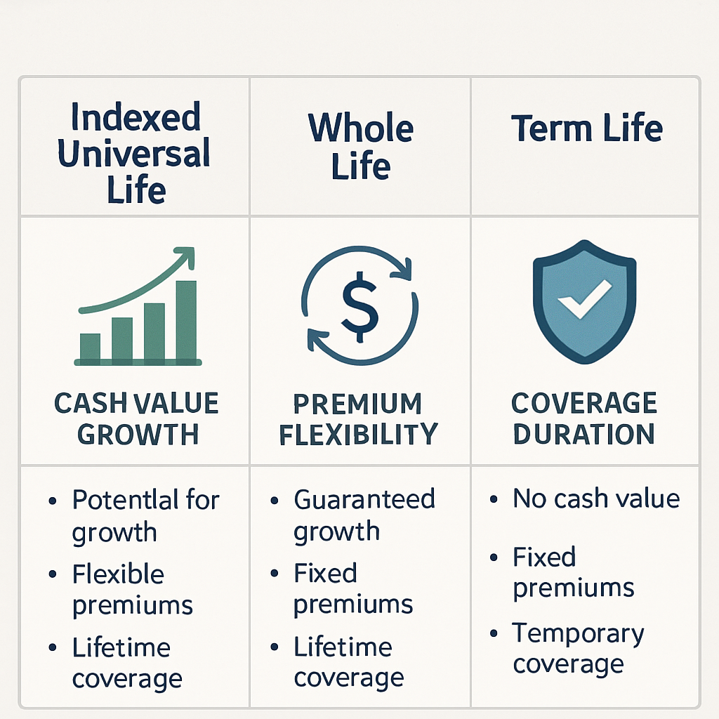Illustration showing the differences between Indexed Universal Life Insurance, Whole Life, and Term Life with Living Benefits. Alt: Comparison chart with icons representing IUL, Whole Life, and Term Life insurance products highlighting cash value growth, premium flexibility, and coverage duration.