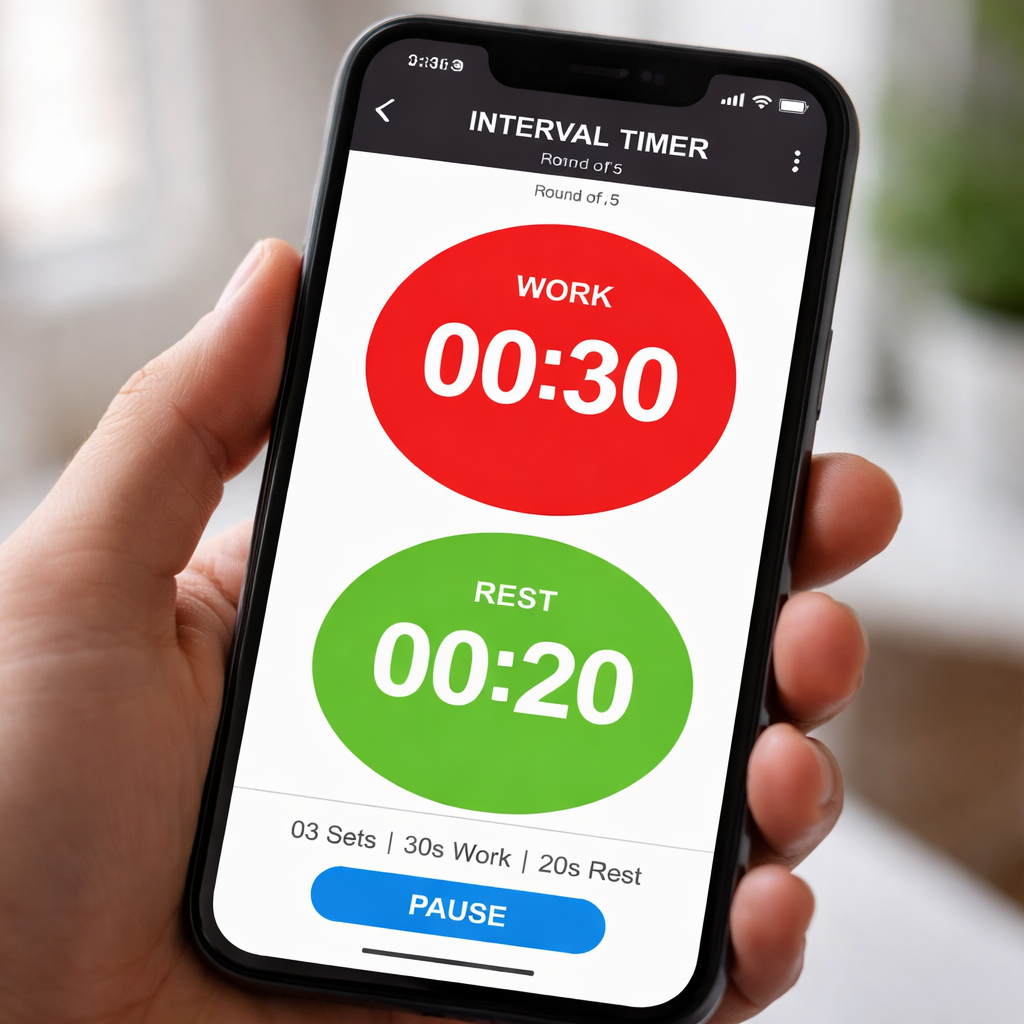 A bright smartphone screen showing a simple interval timer app with large red and green circles indicating work and rest periods. Alt: interval timer app interface for workouts