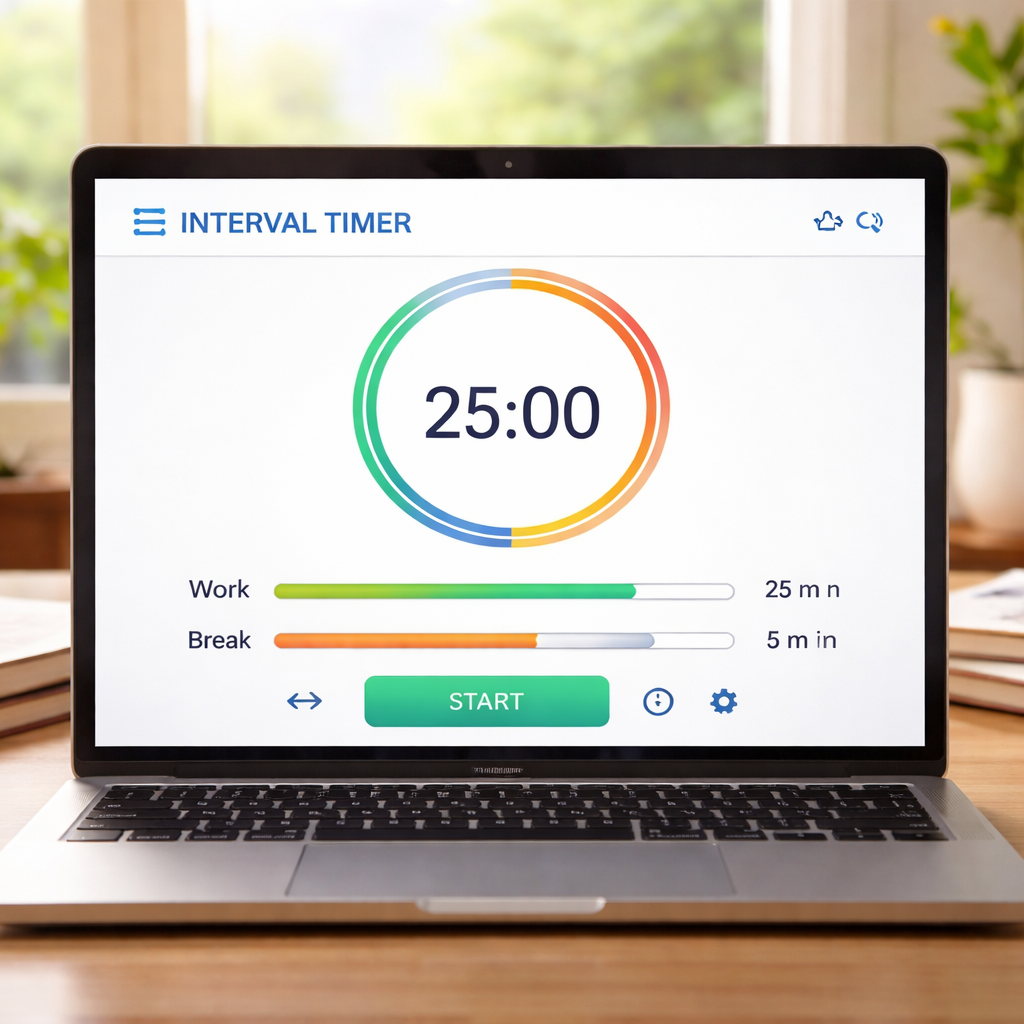 An illustration of a laptop screen showing an interval timer online dashboard with customizable work and break sliders, colorful progress circle, and sync icons. Alt: interval timer online interface