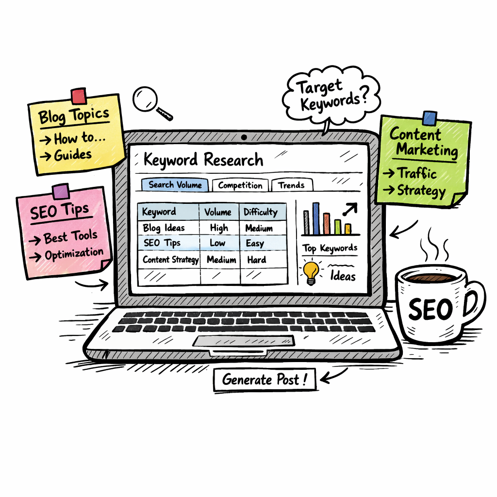 A doodle illustration of a laptop screen displaying a keyword research dashboard, sticky notes with seed phrases, and a coffee mug, conveying the process of defining target keywords for an SEO blog post generator. Alt: Defining target keywords for SEO blog post generator
