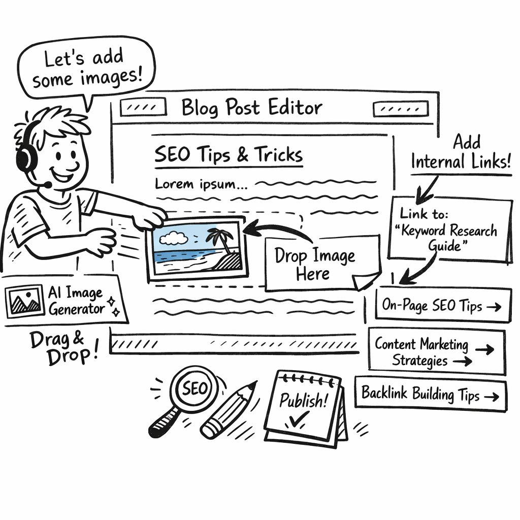 A doodle illustration of a marketer dragging and dropping custom AI‑generated images into a blog post editor while adding internal link arrows to related articles. Alt: seo blog post generator visual guide with doodle style.