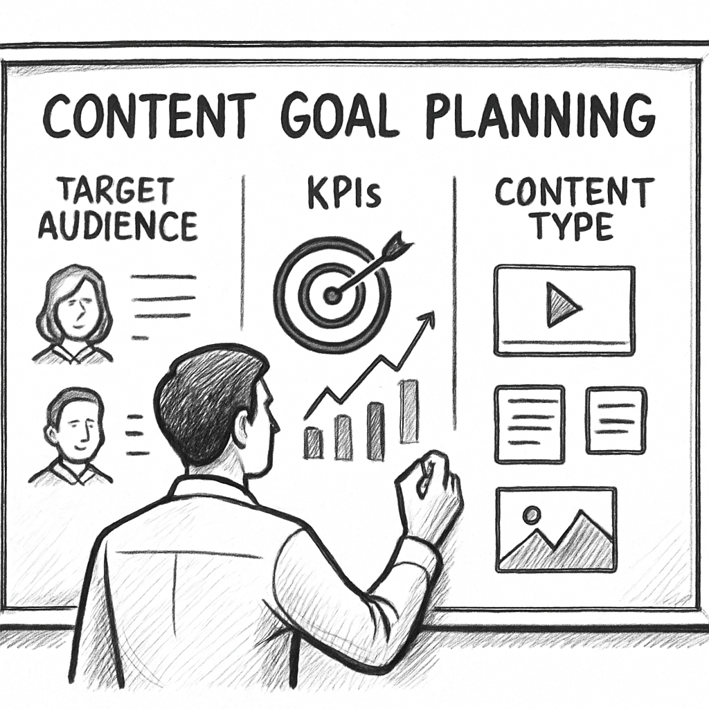 A stylized sketch of a marketer mapping out content goals on a whiteboard, showing target audience personas, KPIs, and content type. Alt: Content goal planning illustration for SEO brief creation.