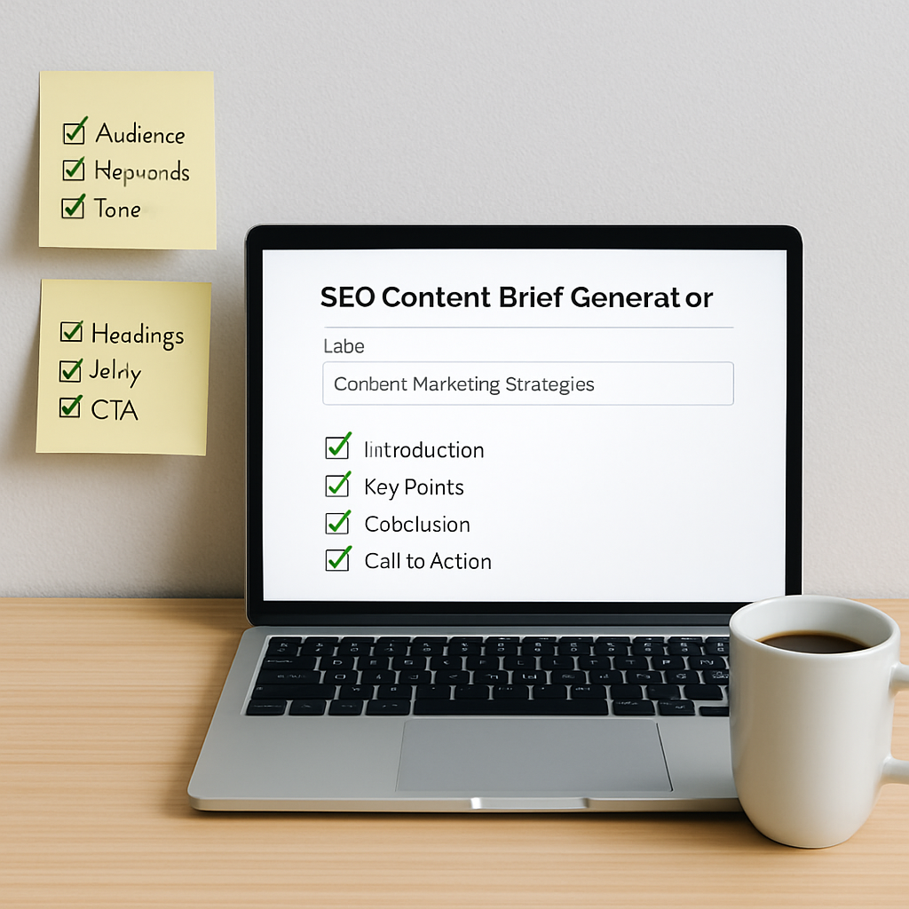 A modern workspace with a laptop displaying a content brief generator interface, sticky notes with checklists, and a coffee mug. Alt: SEO content brief generator tool in action with checklist and coffee.