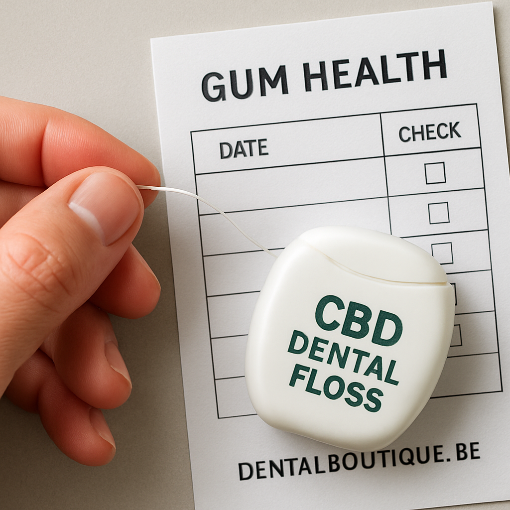 A close‑up of a hand holding a strand of CBD dental floss beside a simple gum health tracking sheet. Alt: Person monitoring gum health with CBD dental floss.