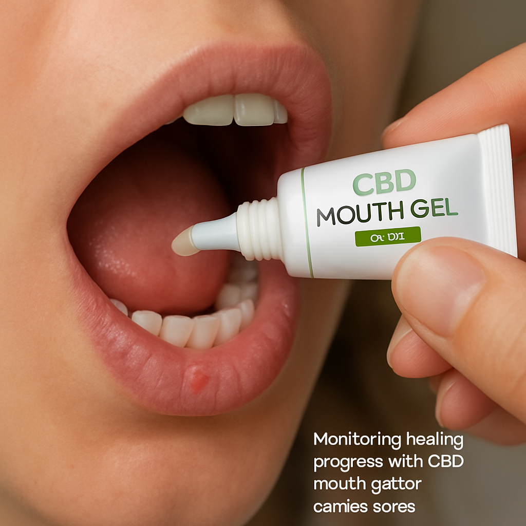 A close‑up of a person holding a small tube of CBD mouth gel, applying a pea‑sized dab to a canker sore inside the cheek. Alt: Monitoring healing progress with CBD mouth gel for canker sores.