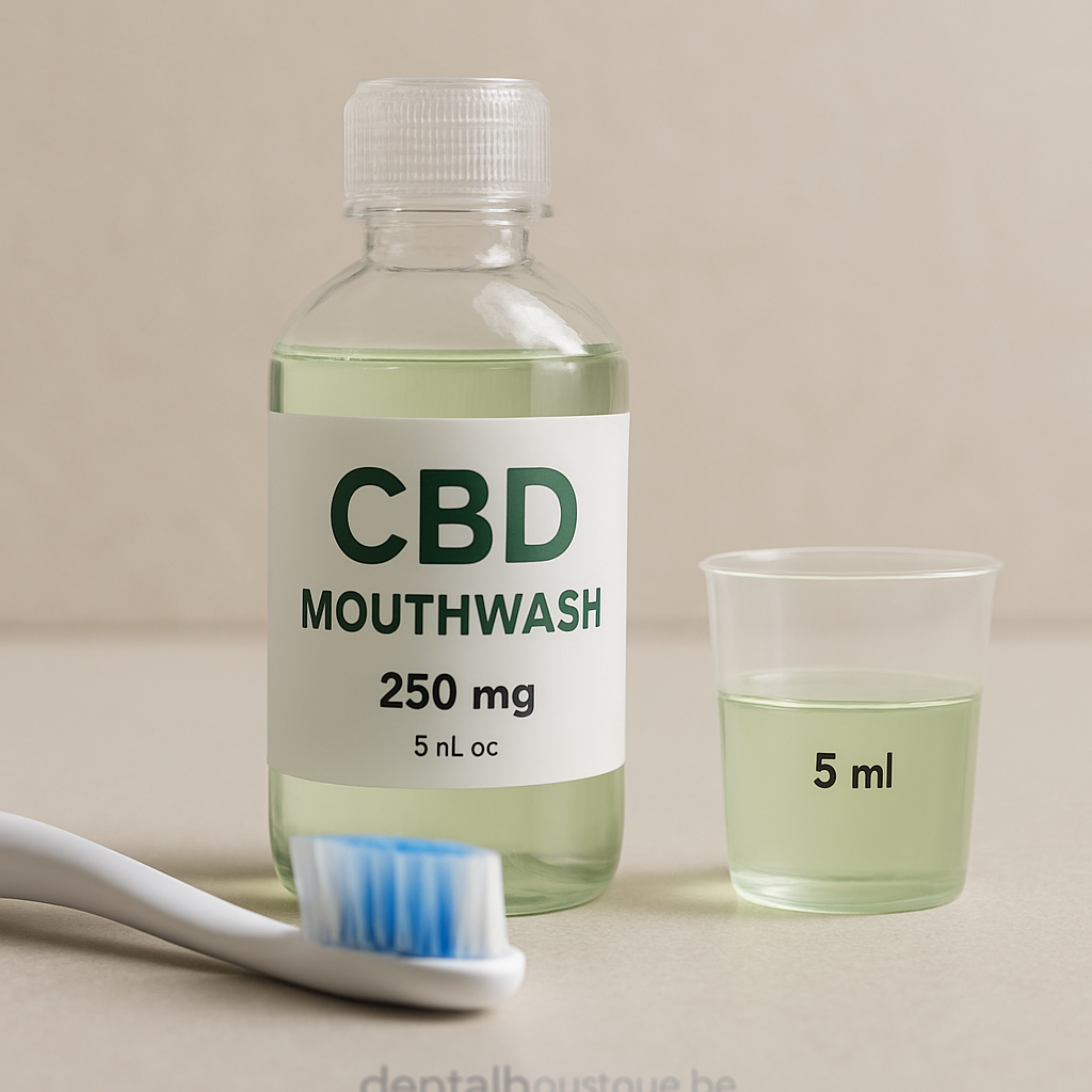 Close-up of a clear bottle of CBD mouthwash next to a toothbrush, showing a measuring cup with 5ml of liquid. Alt: CBD mouthwash preparation for inflamed gums.