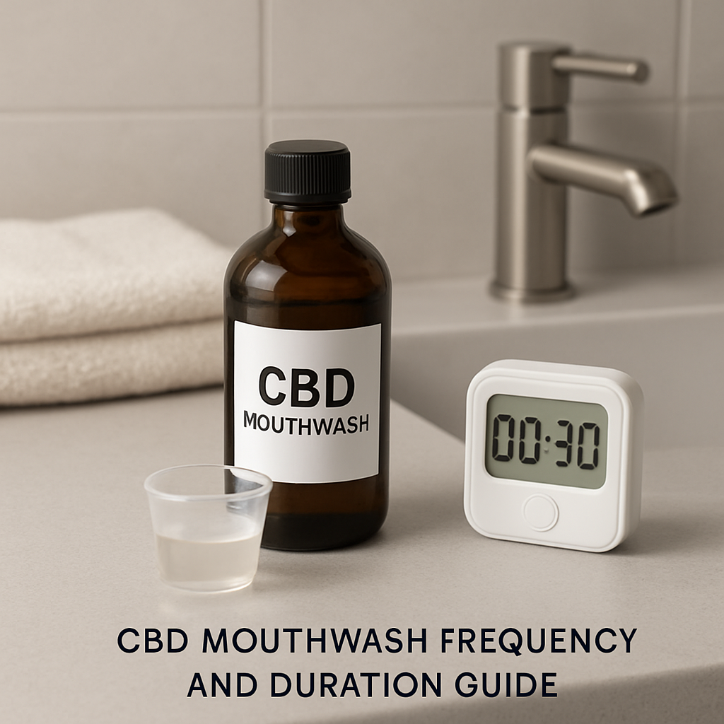 A calm bathroom scene with a dark glass bottle of CBD mouthwash, a small measuring cup, and a timer set to 30 seconds. Alt: CBD mouthwash frequency and duration guide.
