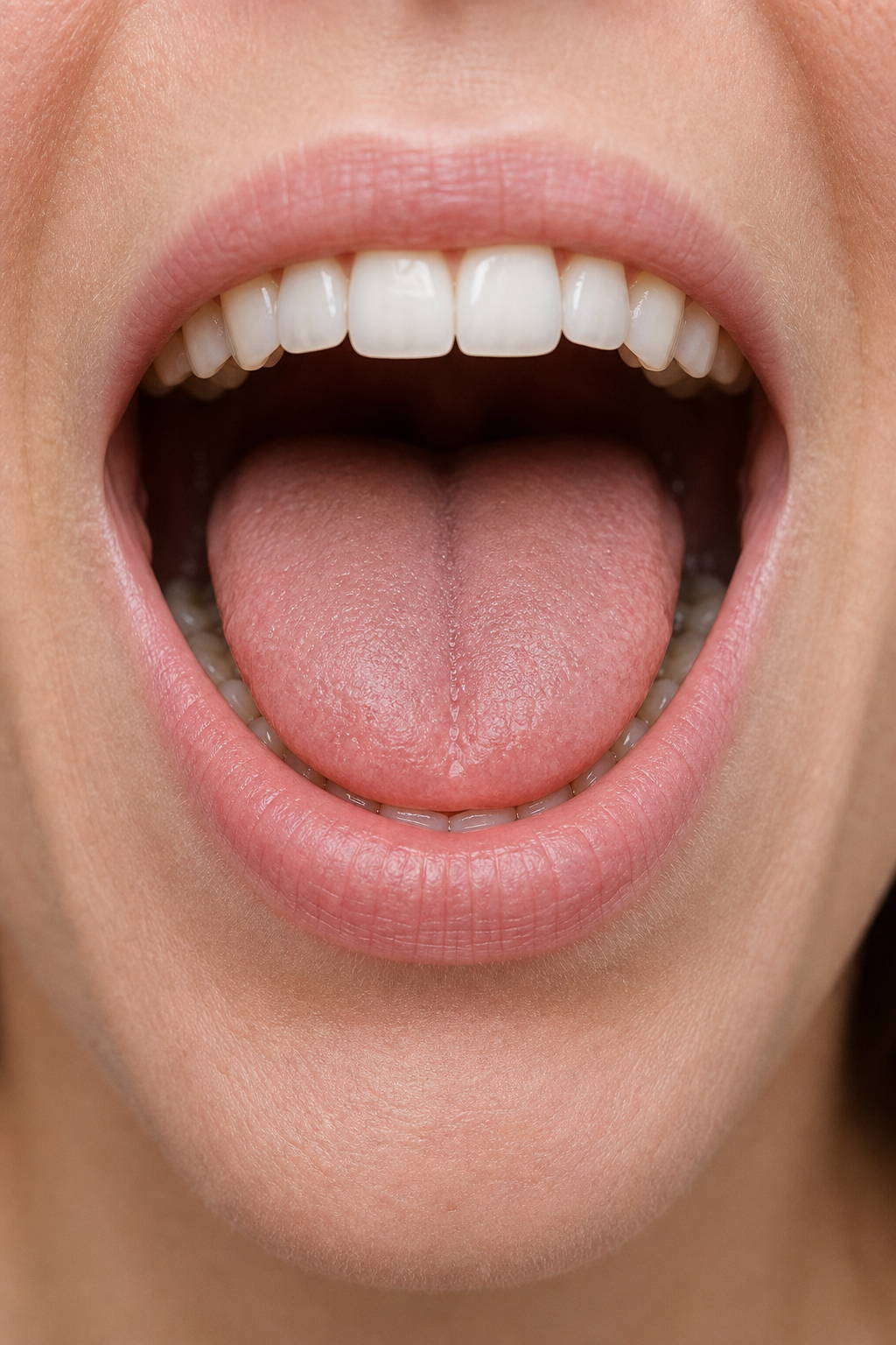A photorealistic close-up of a clean, dry mouth with tongue slightly lifted, ready for a spray. Alt: Clean mouth after brushing ready for CBD oral spray