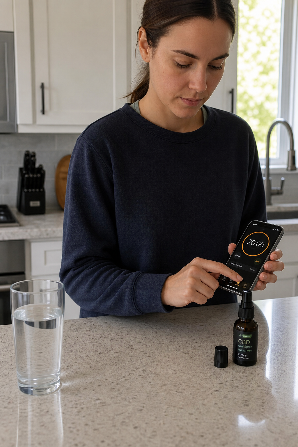 A photorealistic scene of a person setting a timer on their phone after using oral spray, with a glass of water on the counter. Alt: Wait 20 minutes after CBD spray before eating or drinking