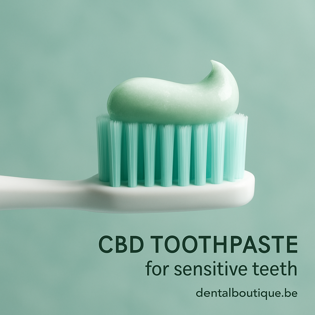 A close‑up of a toothbrush with a dab of CBD toothpaste on the bristles, set against a soft, sea‑foam background. Alt: CBD toothpaste for sensitive teeth showing gentle brushing action.