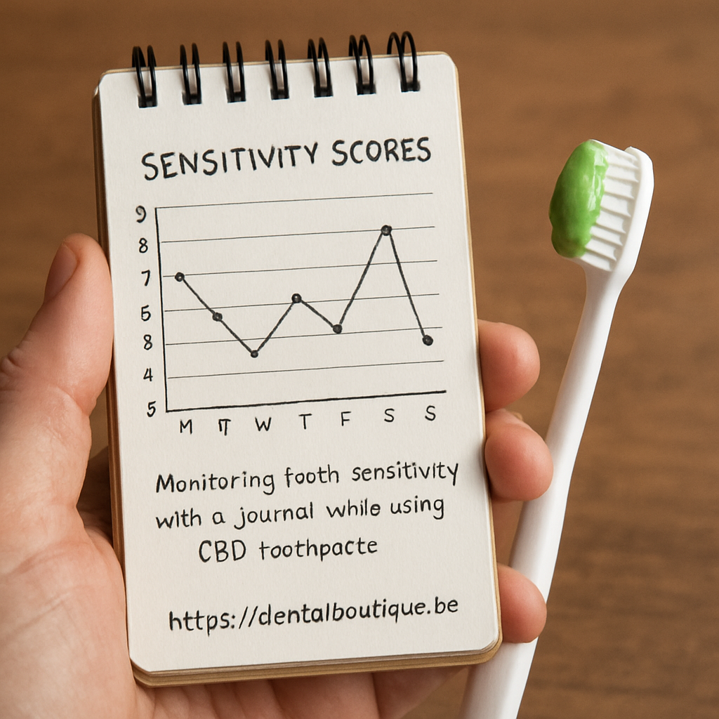 A close‑up of a hand holding a small notebook with a hand‑drawn chart of sensitivity scores over a week, next to a toothbrush with a dab of green CBD toothpaste. Alt: Monitoring tooth sensitivity with a journal while using CBD toothpaste.