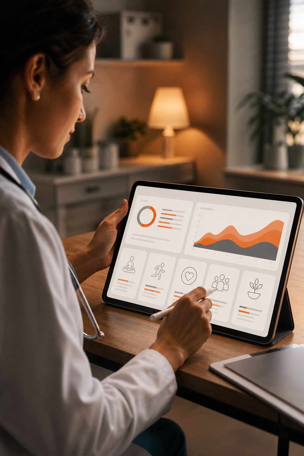 A cinematic illustration of a clinician entering personal data into a sleek digital dashboard on a tablet, showing charts and pillar icons. Alt: clinician wellbeing profile setup screen