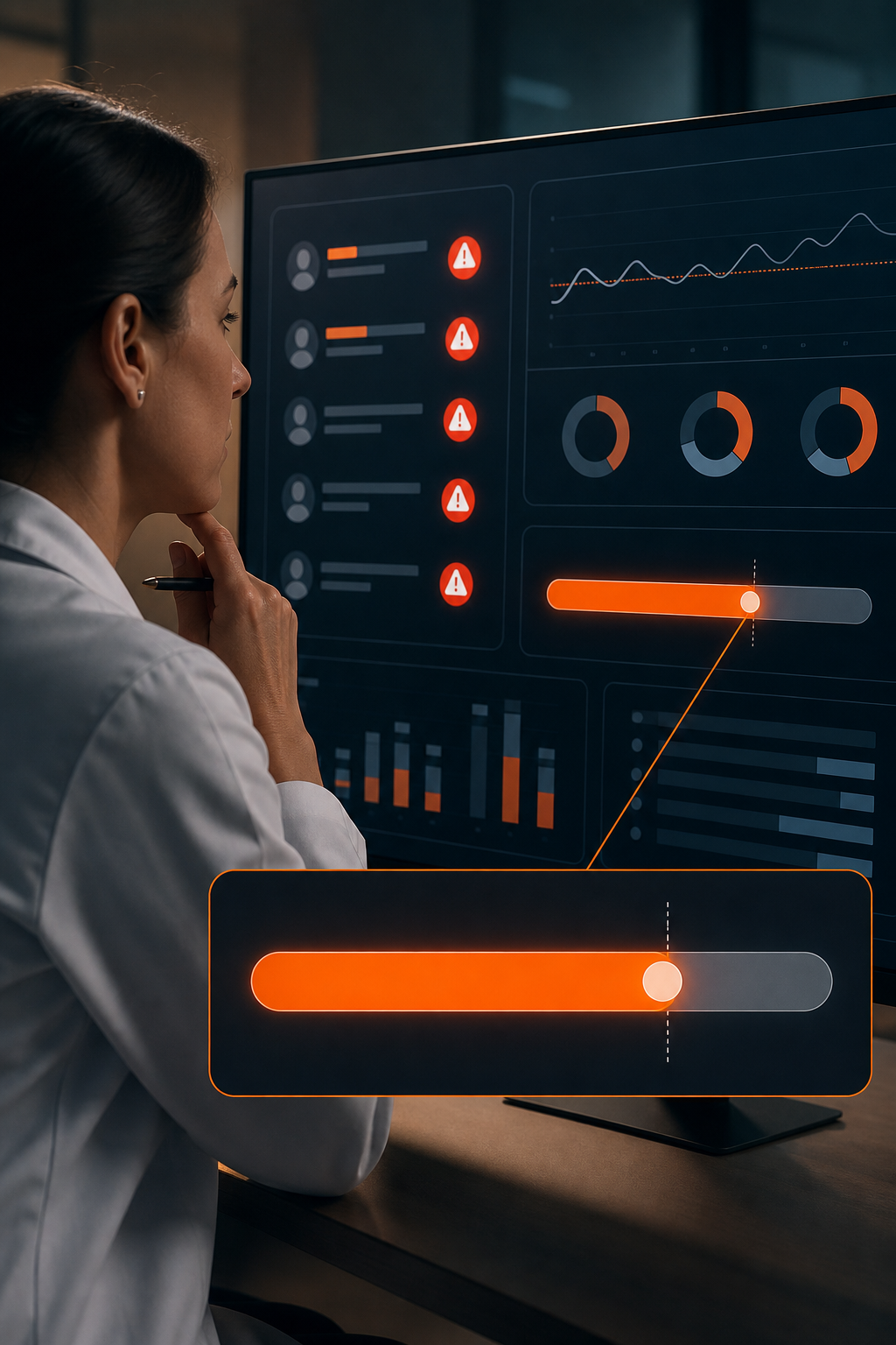 A cinematic scene of a clinician reviewing a dashboard on a large monitor, with highlighted red risk icons and a close‑up of a pill‑shaped 80% benchmark line. Alt: interpreting clinician wellbeing insights