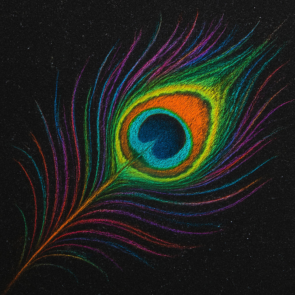 A close‑up of a finished colored pencil drawing on black paper, showing bright neon highlights protected by a light spray of fixative. Alt: Finished colored pencils on black paper with protective fixative.