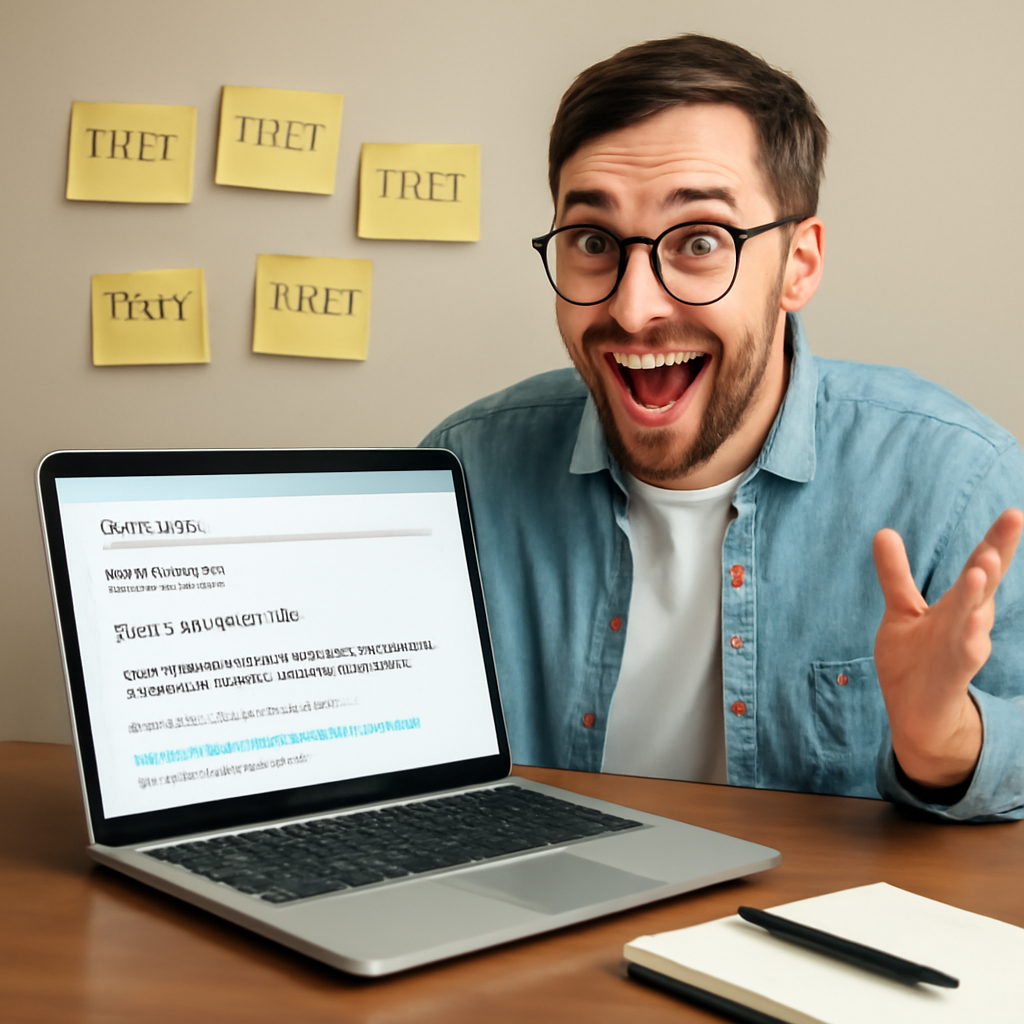 A marketer at a desk surrounded by sticky notes labeled 