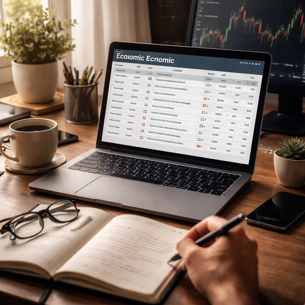 A realistic photorealistic scene of a trader’s desk showing a laptop screen with an economic calendar, a notebook, and a coffee mug, soft natural light, focused on a calm workspace. Alt: trader using economic calendar for forex trading