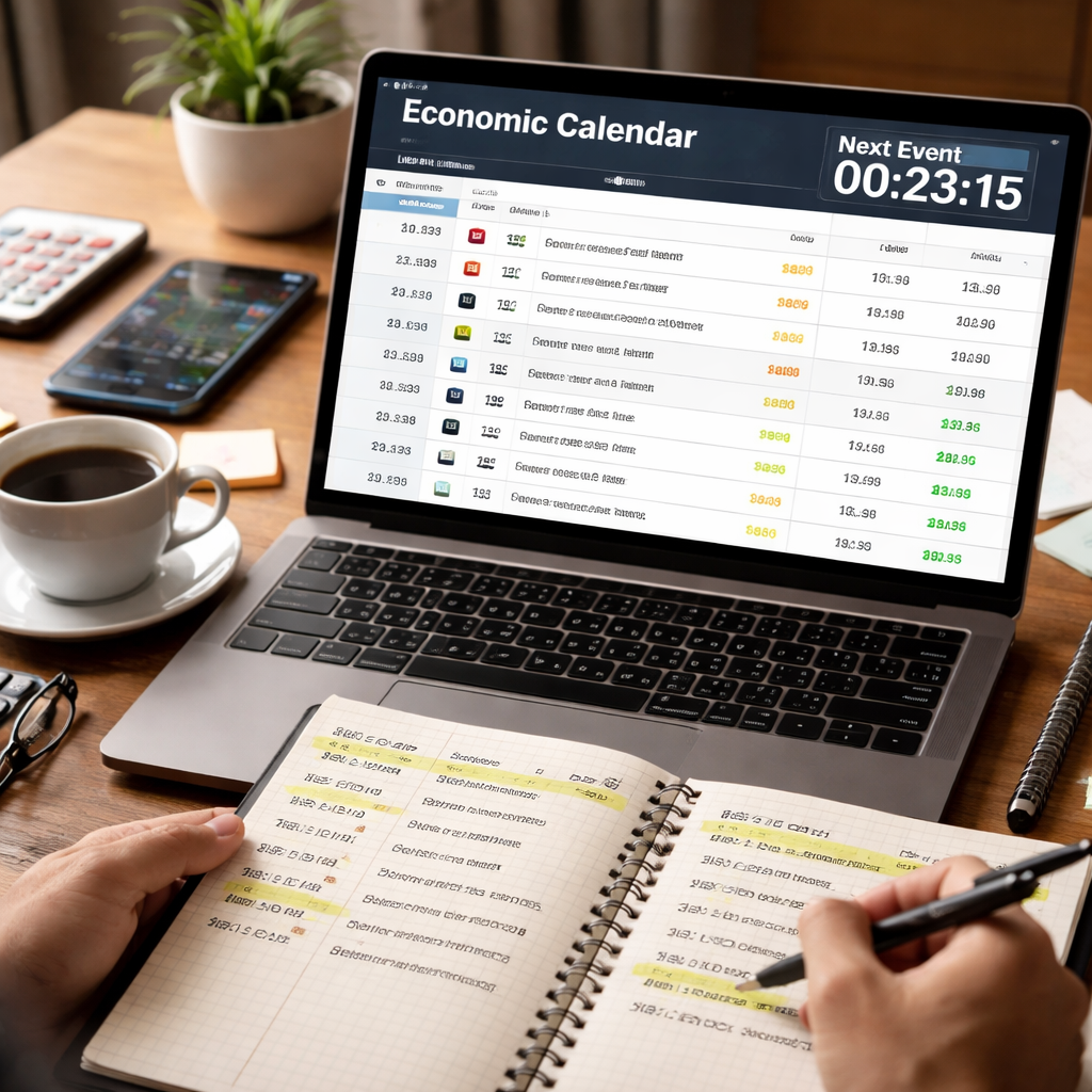 A photorealistic scene of a trader’s desk with a laptop displaying an economic calendar, a notebook with highlighted event times, a coffee cup, and a timer on the screen. Alt: trader using economic calendar routine for forex trading.
