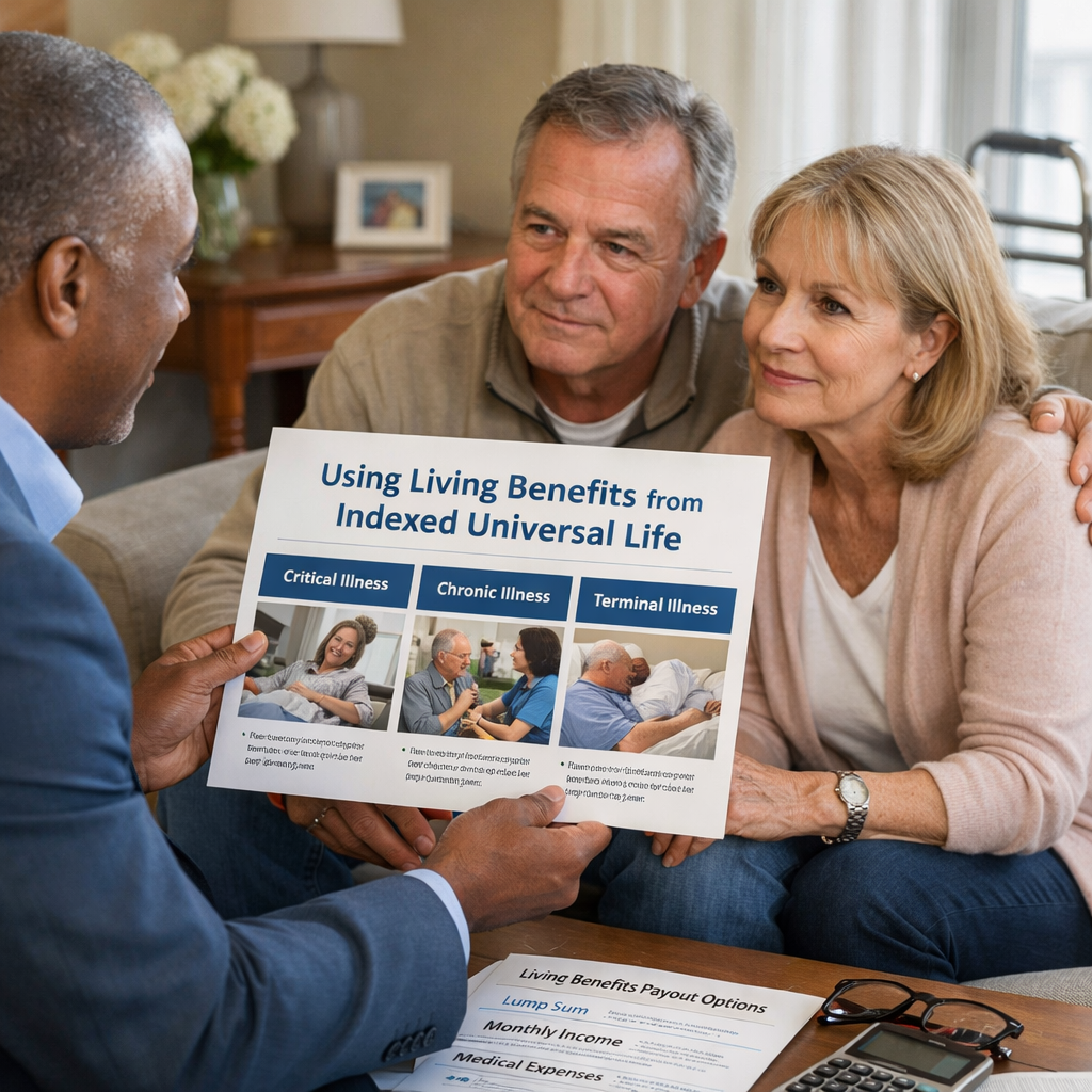 A photorealistic image related to how-to-use-living-benefits-from-indexed-universal-life. Alt: how-to-use-living-benefits-from-indexed-universal-life