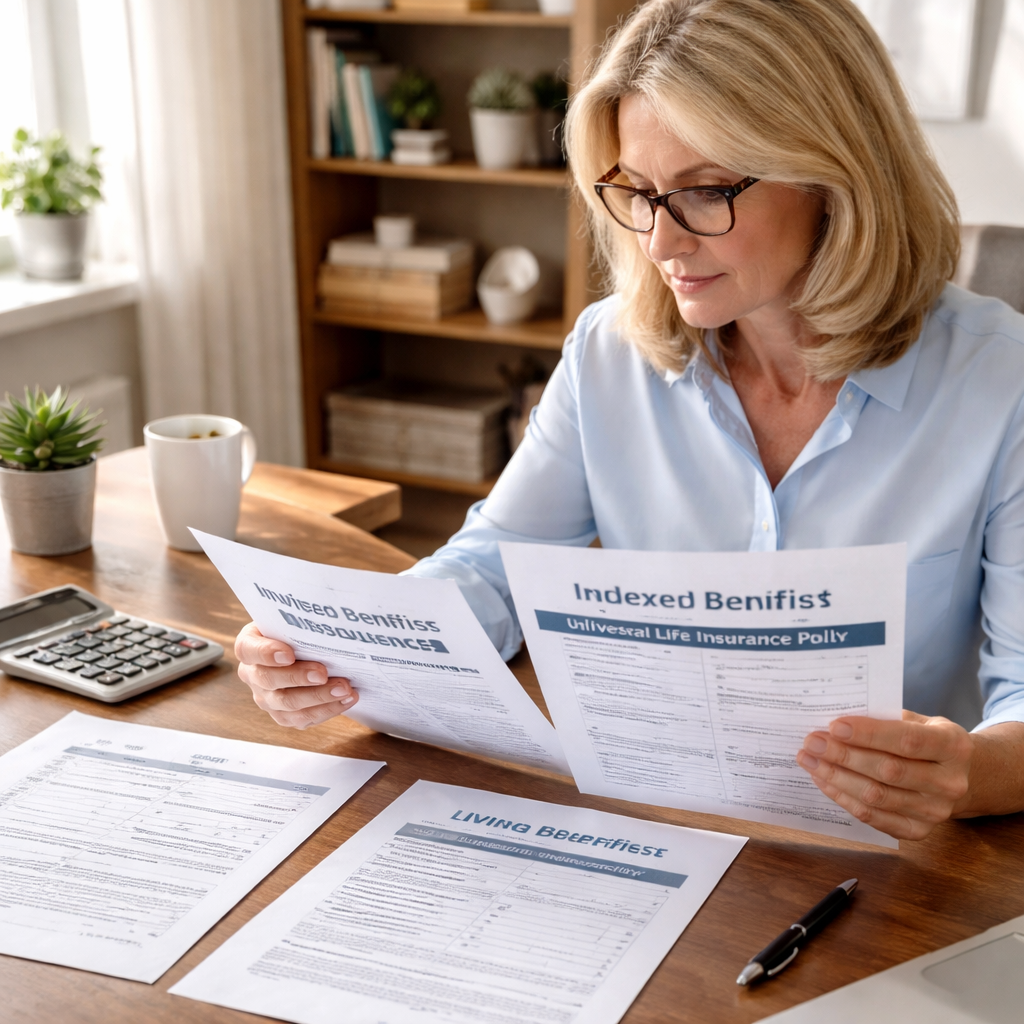A professional middle-aged person sitting at a desk reviewing an indexed universal life insurance policy document with living benefits rider pages spread out, with a calculator and pen nearby, in a well-lit home office setting with natural lighting. Alt: Person reviewing indexed universal life insurance living benefits policy documents