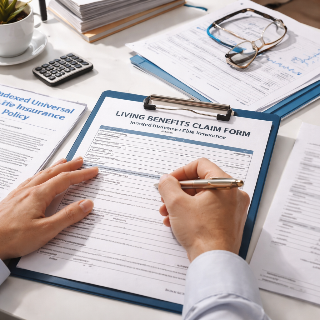A close-up view of hands filling out a living benefits claim form for indexed universal life insurance, with medical documents, policy papers, and a pen visible on a clean desk surface, photographed in natural office lighting. Alt: Person completing living benefits claim form for indexed universal life insurance policy