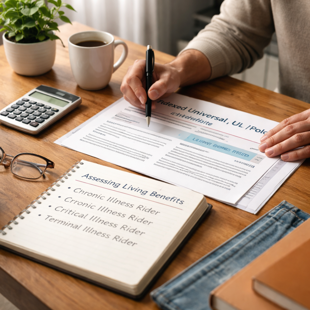 A photorealistic scene of a person at a kitchen table spreading out an IUL policy document, a notebook with bullet points, and a calculator, soft natural light, showing a calm, focused moment as they check rider details for medical expense use. Alt: Assessing IUL living benefit rider for medical expenses