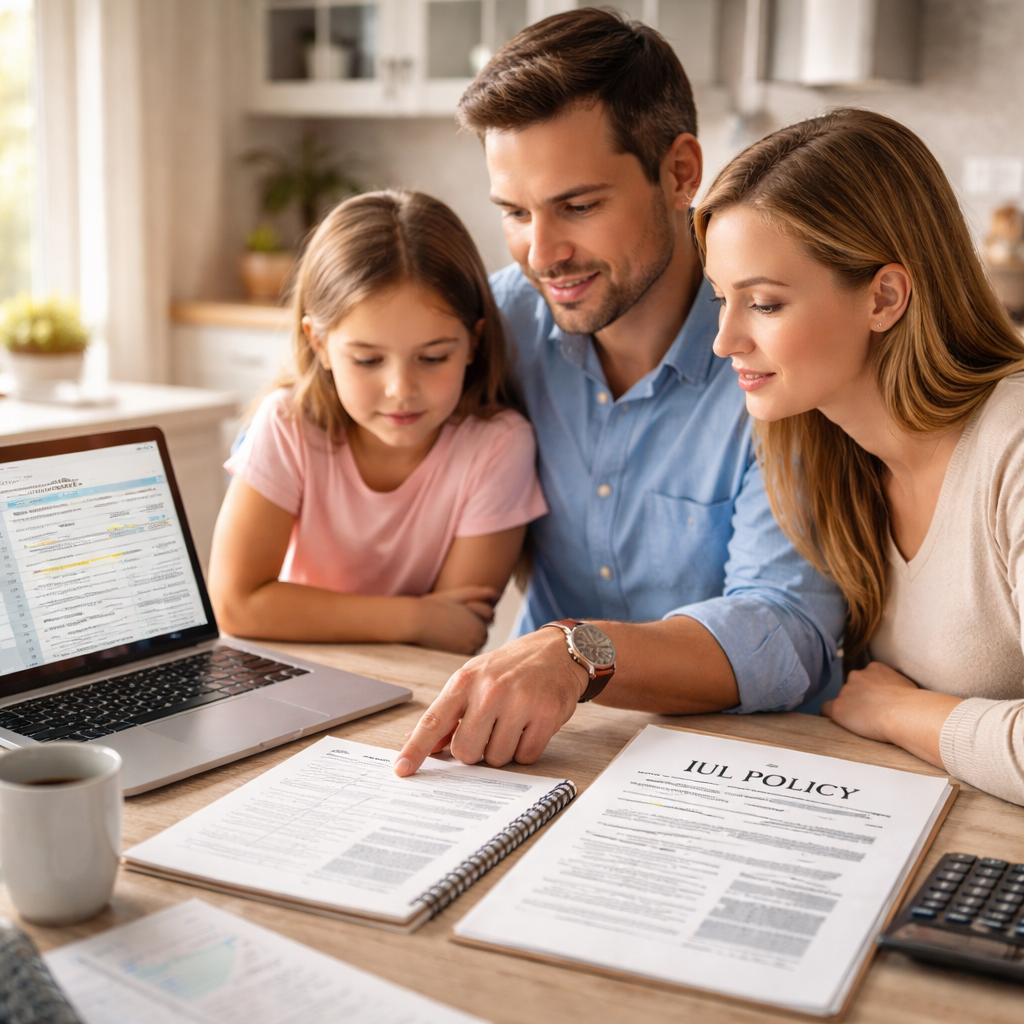 A photorealistic scene of a family sitting at a kitchen table with a laptop, a notebook showing a budget spreadsheet, and an IUL policy document. Soft natural light, calm atmosphere, reflecting careful planning of living benefits for medical costs. Alt: Integrating IUL living benefits into a healthcare budget.