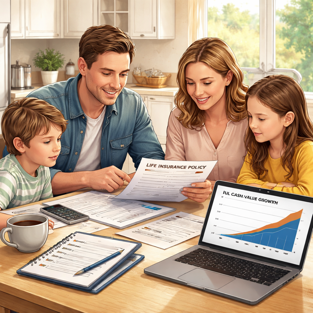 A realistic illustration of a family sitting at a kitchen table with policy documents, a laptop showing an IUL cash‑value chart, and a notebook with a checklist. Alt: 