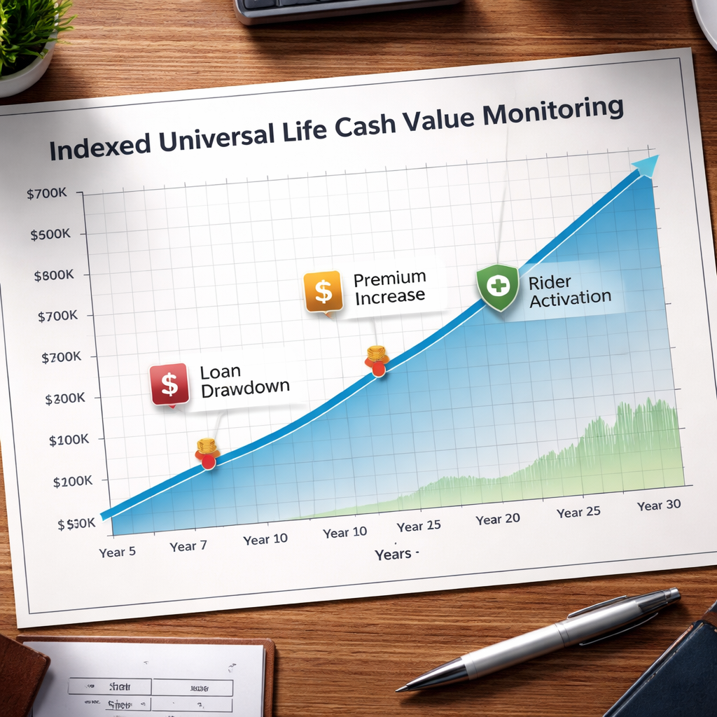 A realistic chart showing a policy&rsquo;s cash‑value line climbing over years, with markers for loan drawdowns, premium increases, and rider activations. Alt: 