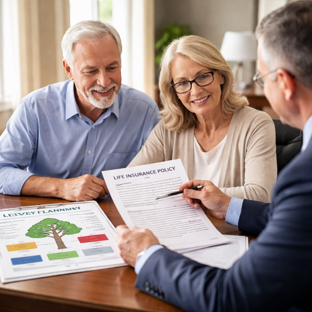 A realistic scene of a senior couple meeting with an estate planner, reviewing a life‑insurance policy document and a legacy chart. Alt: indexed universal life legacy planning