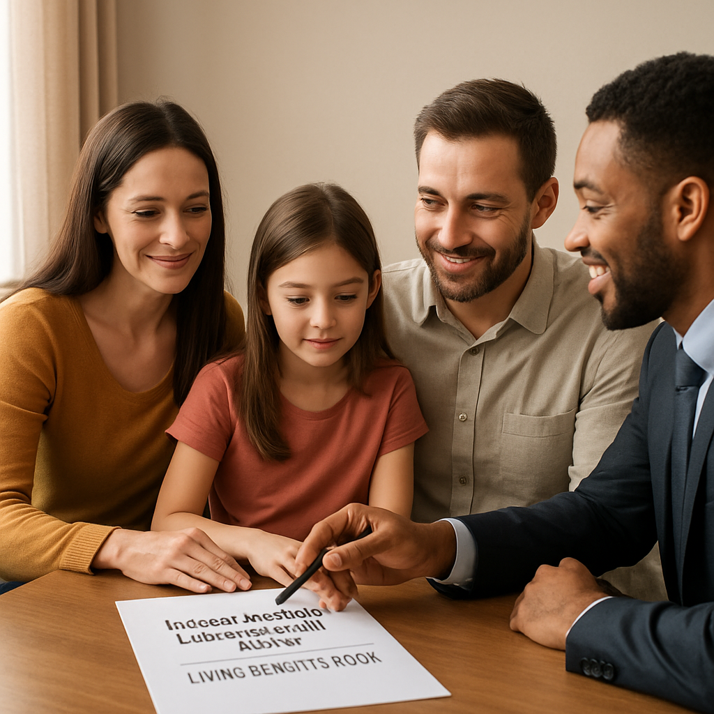 A warm and inviting consultation scene where a family discusses their indexed universal life insurance policy with a trusted advisor, emphasizing understanding of living benefits rider. Alt: How to use living benefits rider on indexed universal life insurance policy explained in a family insurance consultation.