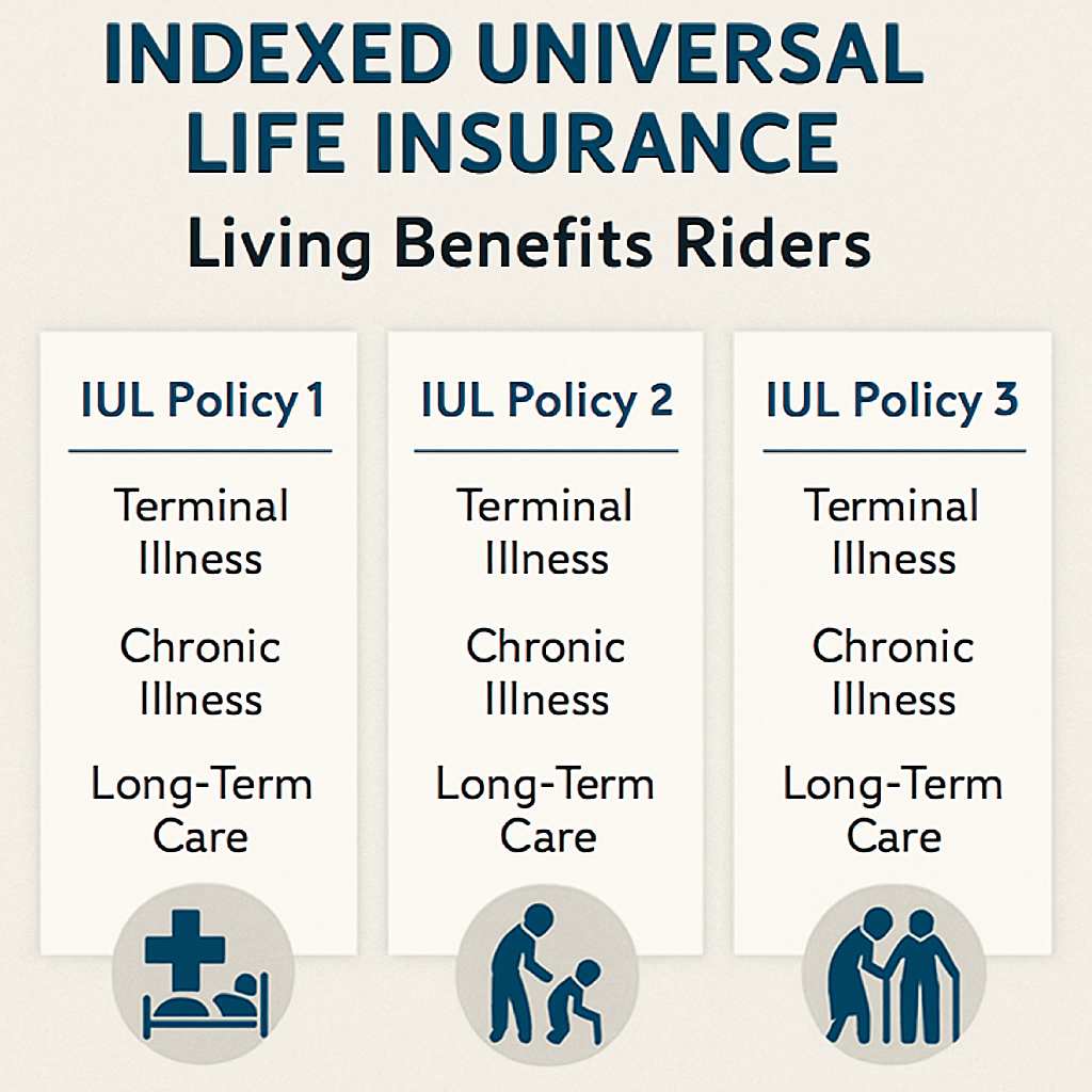 An illustration showing three top Indexed Universal Life Insurance policies with their living benefits riders highlighted, including icons representing terminal illness, chronic illness, and long-term care benefits. Alt: Comparison of living benefits riders on indexed universal life insurance policies to aid financial decision making.