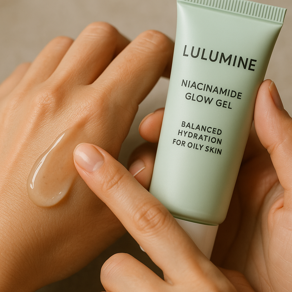 A close-up of a hand applying Lulumine Niacinamide Glow Gel with a focus on the gel’s light texture. Alt: Applying Lulumine Niacinamide Glow Gel for oily skin’s balanced hydration.