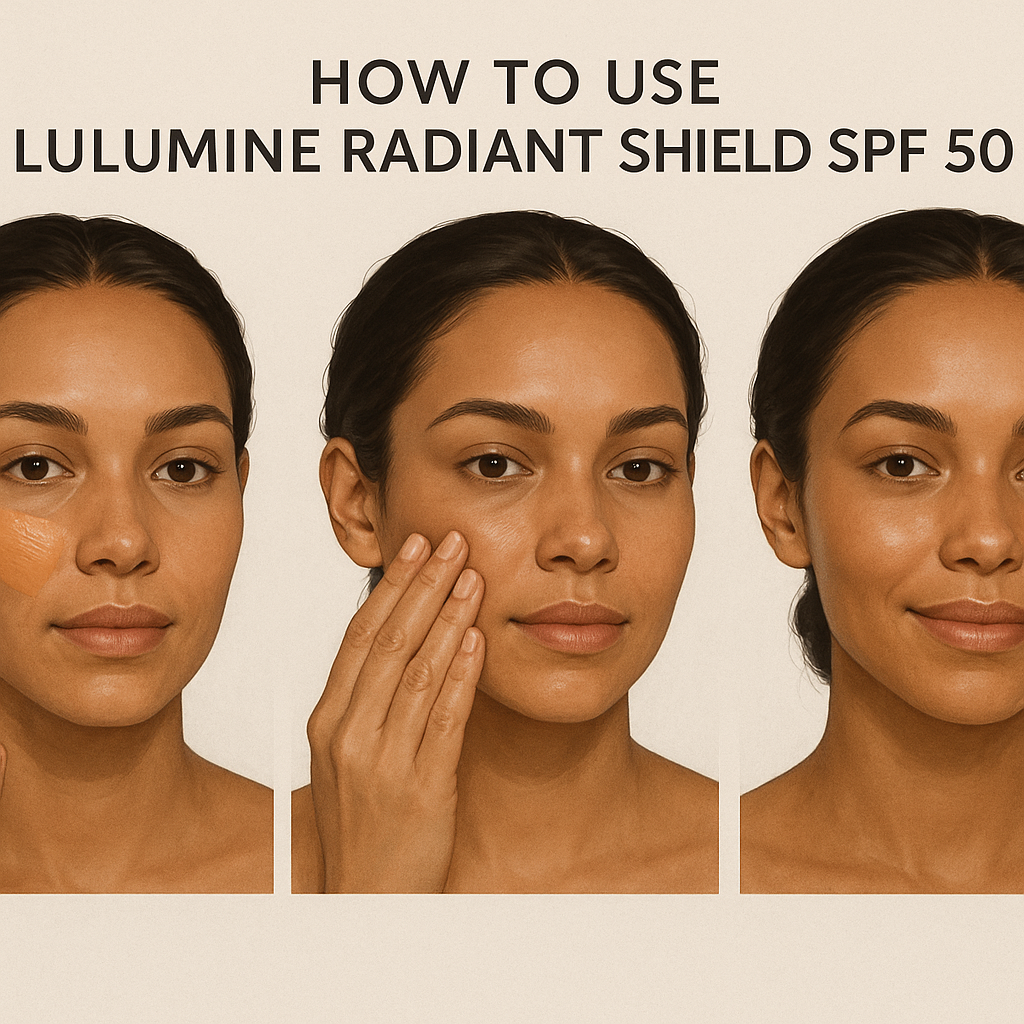 A step‑by‑step illustration showing a hand applying the tinted sunscreen stick, blending with fingertips, and final radiant skin. Alt: how to use Lulumine Radiant Shield SPF 50 step by step for flawless sun protection.