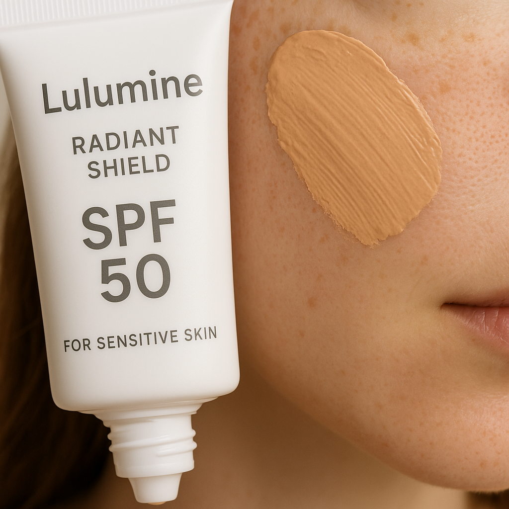 Lulumine Radiant Shield SPF 50 close-up of texture and tinted application on sensitive skin. Alt: How to use Lulumine Radiant Shield SPF 50 for sensitive skin with tinted coverage.