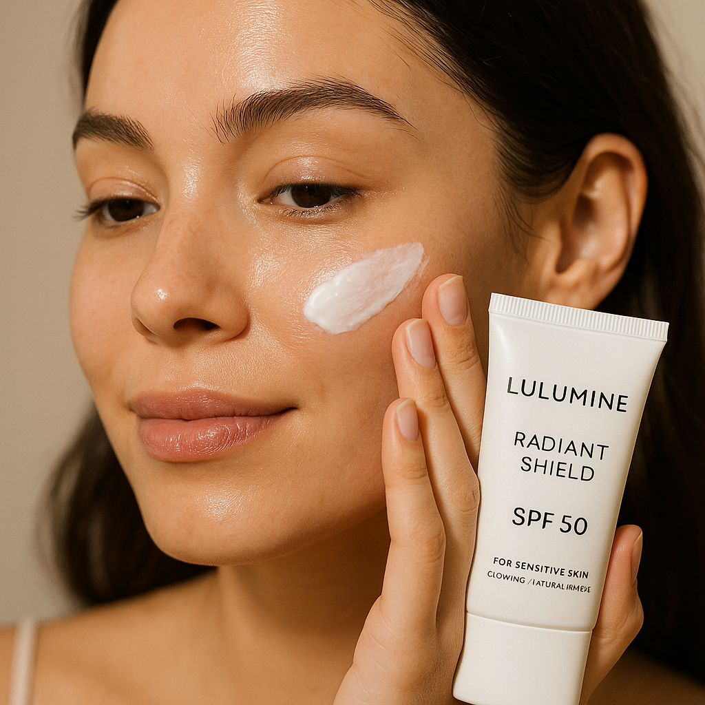 Woman applying Lulumine Radiant Shield SPF 50 with a glowing, natural finish. Alt: Step-by-step guide on how to use Lulumine Radiant Shield SPF 50 for sensitive skin protection.