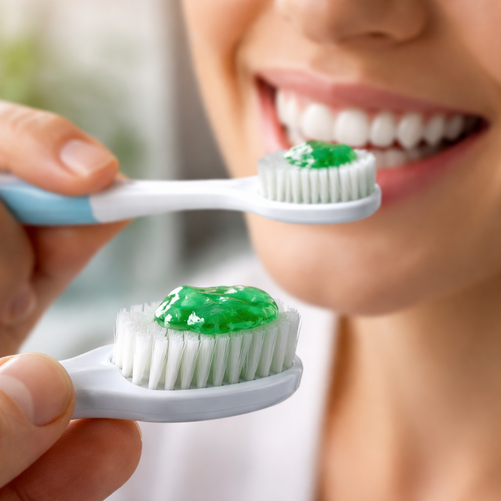 A photorealistic close‑up of a hand holding a pea‑sized blob of marine algae toothpaste on a toothbrush, a bathroom mirror in the background, soft natural lighting, showing gentle circular brushing motion on teeth and gums. Alt: How to use marine algae toothpaste for gum health with proper brushing technique.