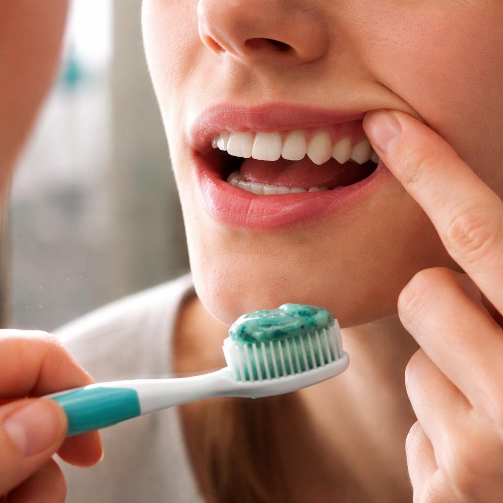 A photorealistic close‑up of a person looking into a bathroom mirror, gently pulling their cheek to expose the gum line while holding a toothbrush with marine algae toothpaste, soft natural lighting, realistic skin tones, focus on healthy pink gums.