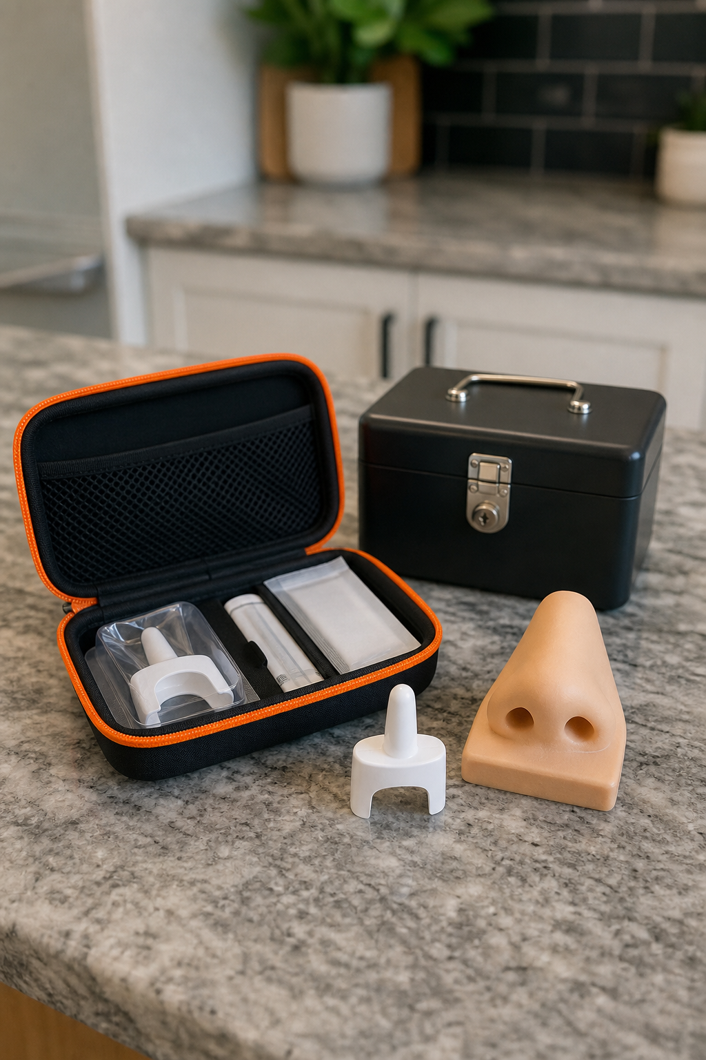 A realistic photo of a naloxone nasal spray kit open on a kitchen counter, next to a trainer device, with a small lockbox in the background. Alt: Naloxone kit preparation: trainer device, nasal spray, and storage lockbox.
