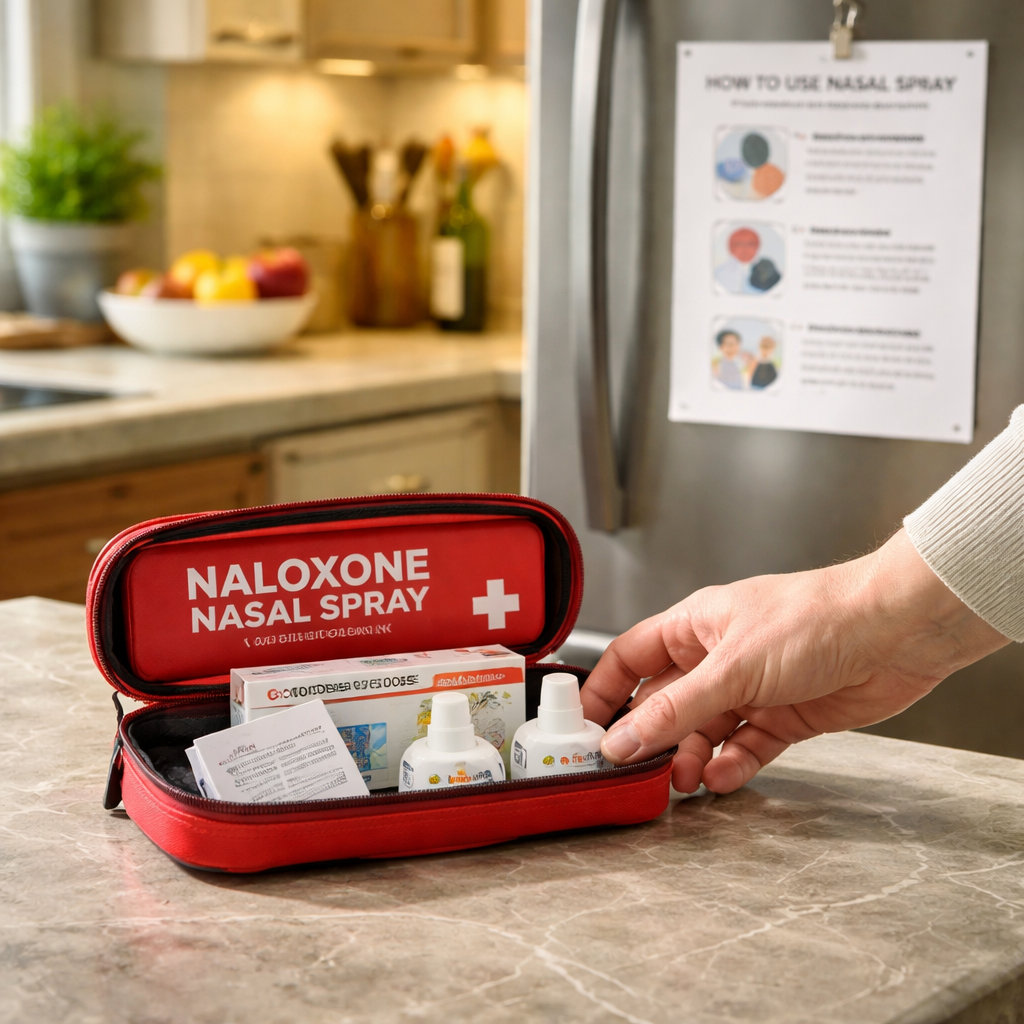 A photorealistic scene of a kitchen counter with a clearly labeled naloxone nasal spray kit, a simple instruction sheet pinned to the fridge, and a calm family member reaching for the kit, realistic lighting, Realism style. Alt: Family prepared naloxone kit on kitchen counter