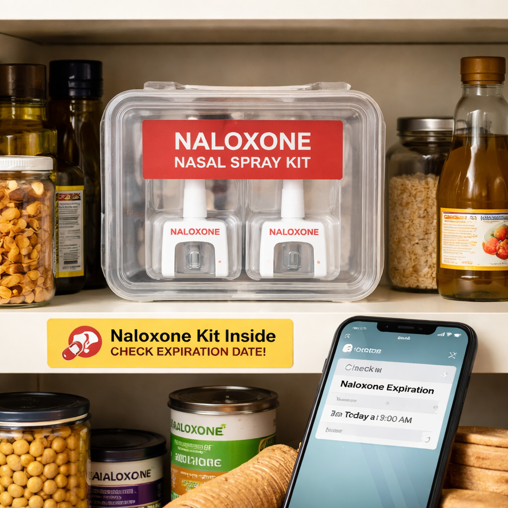 A photorealistic scene of a kitchen pantry shelf with a clearly labeled naloxone nasal spray kit inside a sealed plastic case, a reminder sticker on the shelf, and a phone displaying a calendar reminder for expiration check. Alt: Proper storage of naloxone kit at home.