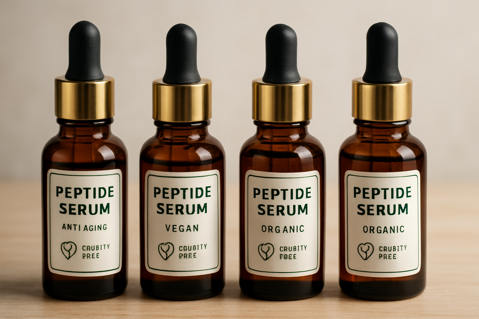 A selection of peptide serums in elegant bottles, showcasing vegan, organic labels. Alt: Best peptide serum for anti aging with organic and cruelty-free certifications.