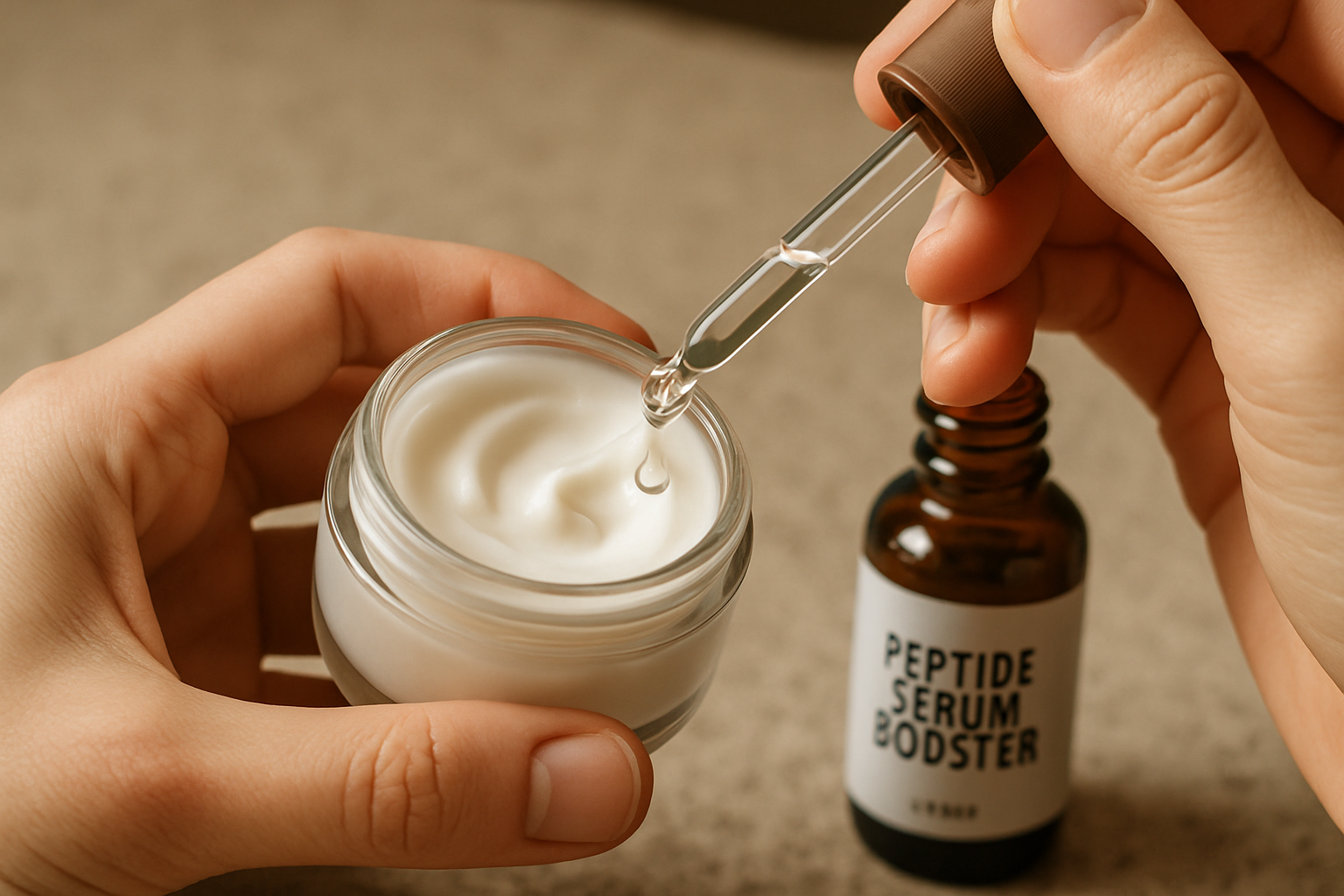 Close-up of hands mixing peptide serum booster with moisturizer. Alt: How to use peptide serum for anti aging by layering peptide boosters.
