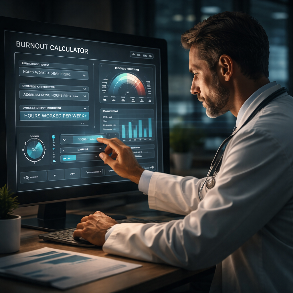 A cinematic style illustration of a doctor entering data into a sleek digital dashboard, showing charts and dropdown fields. Alt: physician entering workload data into burnout calculator interface