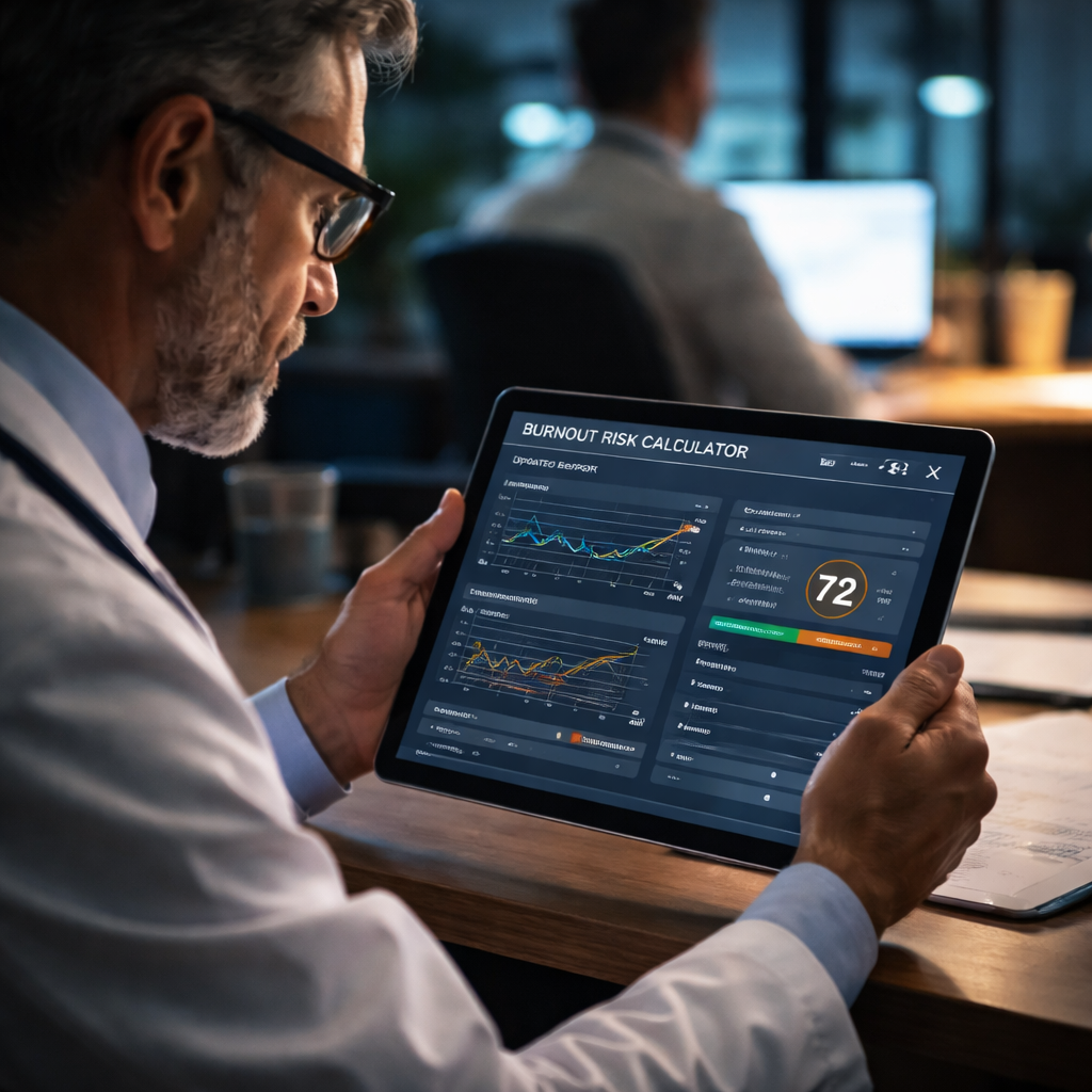 Cinematic style scene of a physician reviewing a digital dashboard on a tablet, with graphs showing score changes over time. Alt: doctor reviewing follow‑up burnout calculator results