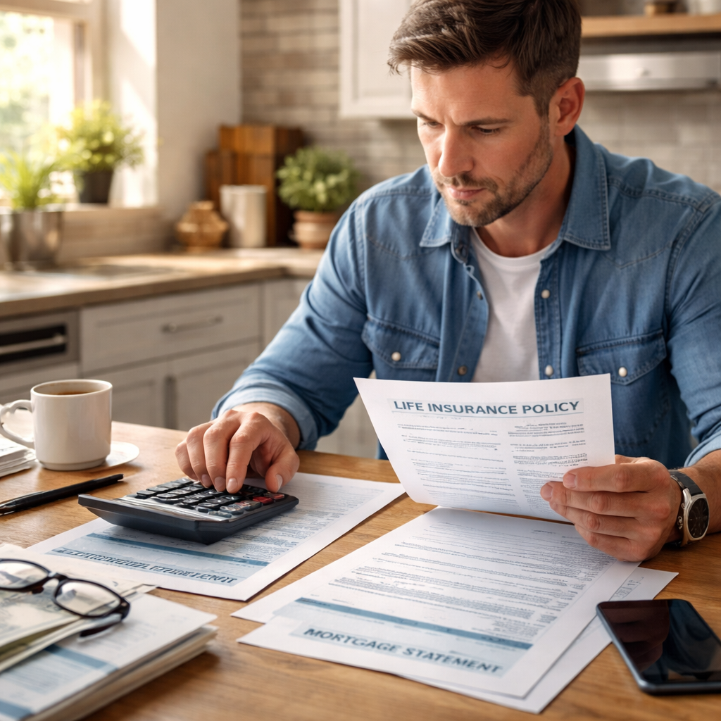 A realistic photo of a homeowner at a kitchen table using a calculator and a life‑insurance policy statement to work out the mortgage payment gap. Alt: How to use policy loans to cover mortgage payments illustration.