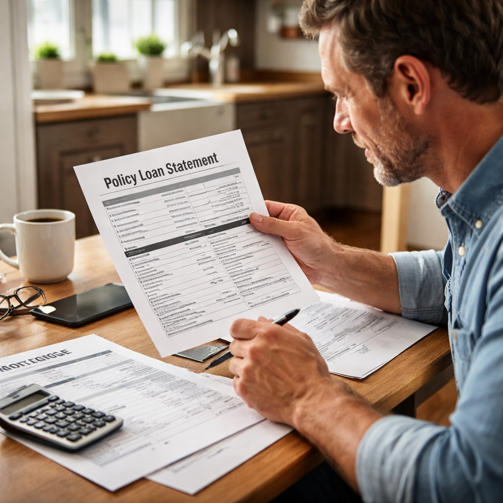 A realistic photorealistic scene of a homeowner reviewing a policy loan statement on a kitchen table, checking repayment schedule and mortgage papers. Alt: Managing repayment and protecting coverage with policy loans