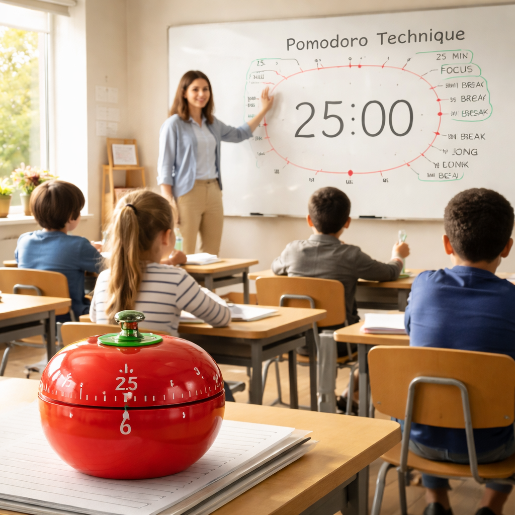 photorealistic classroom scene showing a teacher guiding a Pomodoro timer on a whiteboard with students, morning light, organized desks, and a visible timer. Alt: Focused Pomodoro timer in classroom.